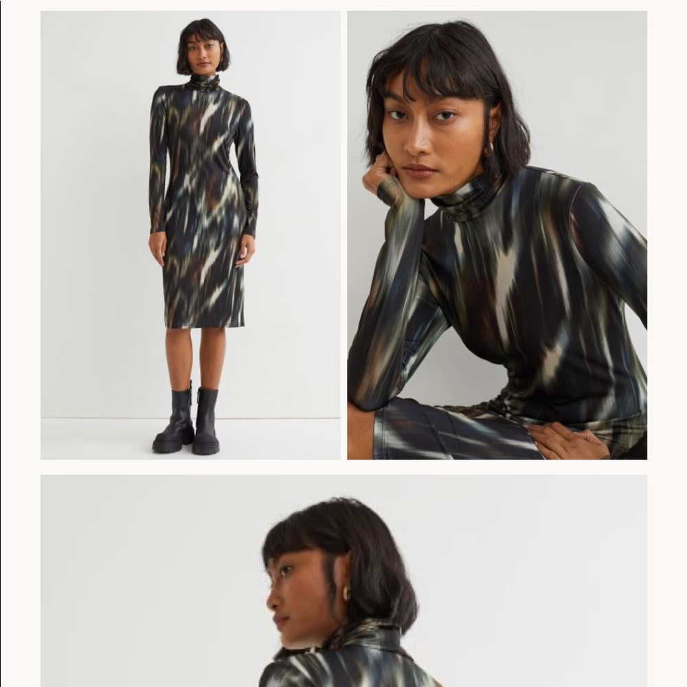 HM Fitted, knee-length dress in jersey with a turtleneck and long, long sleeve